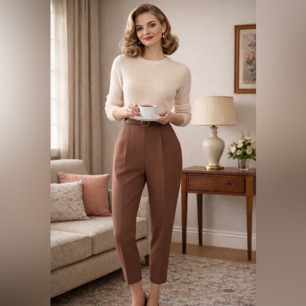 Vintage 50s Camel Wool High Rise Cigarette Pants Audrey Hepburn Quiet Luxury, S